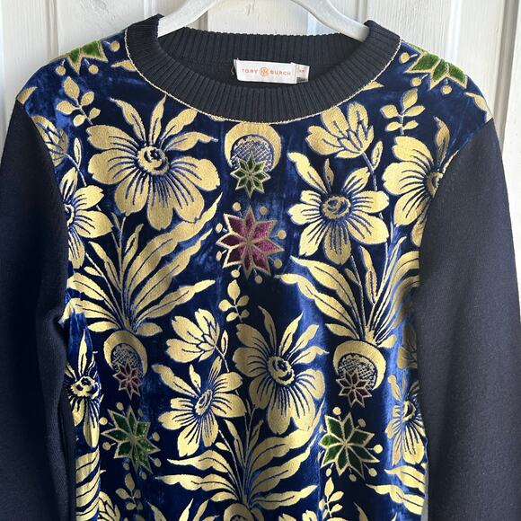 Tory Burch Hollis Cosmic Floral Velvet Foiled Gold Metallic Sweater - Picture 3 of 8